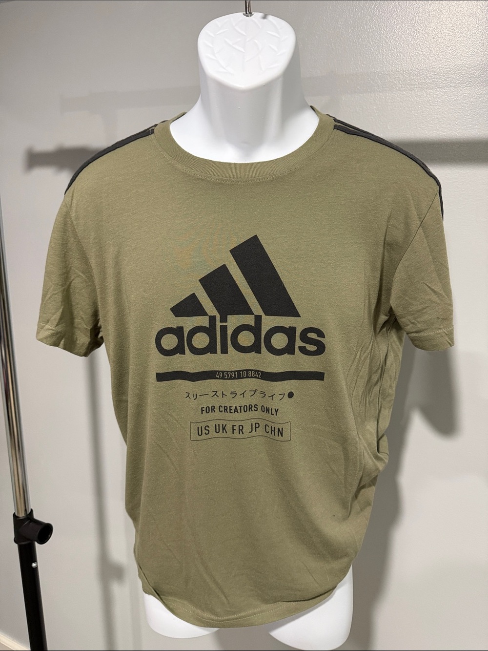 adidas Olive Green Short Sleeve Logo Tee with Black Print